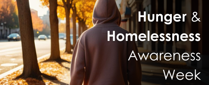 A youth in a hooded sweater walks down a street with text "Hunger and Homelessness Awareness Week, The Coffee Oasis."