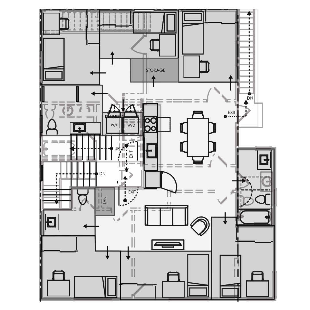 City View Apartments Floor Plan: The third floor will have 5 bedrooms, 2 bathrooms, and a shared living space with a kitchen and dining area.