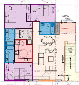 Young Mothers Apartments Floor Plan: The first floor will be dedicated to young mothers with children. It will have 3 private bedrooms with bathrooms, and a shared living space with a kitchen and dining area.