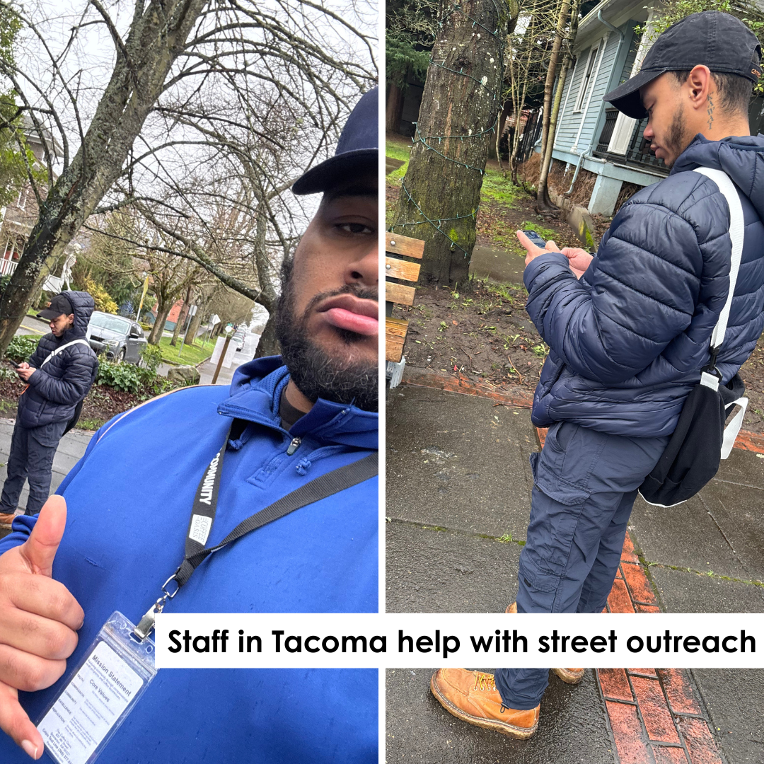 Two staff members participate in the Tacoma point in time count outside.