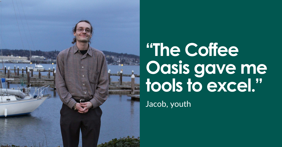 Jacob quote image shows him standing outside the marina in a button up shirt and black pants.
