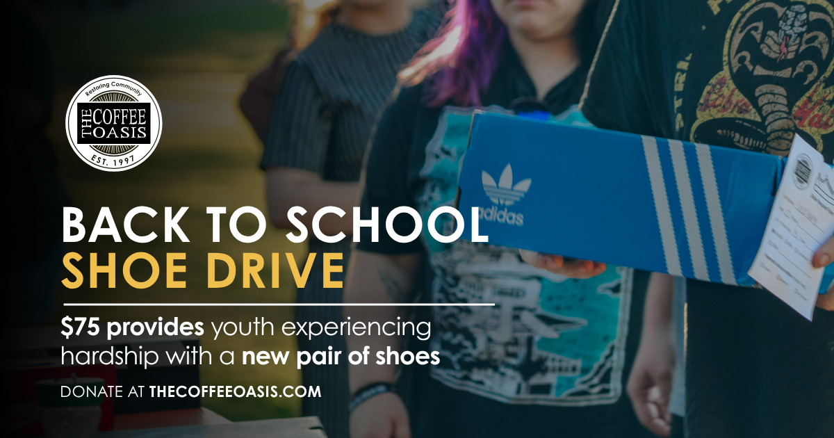Shoes are distributed at the back to school block parties every year by The Coffee Oasis. Text says $75 provides a pair of new shoes for youth