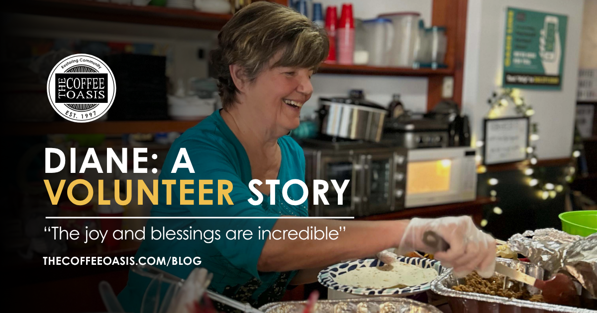 Diane, a volunteer, serves food for youth at The Coffee Oasis.